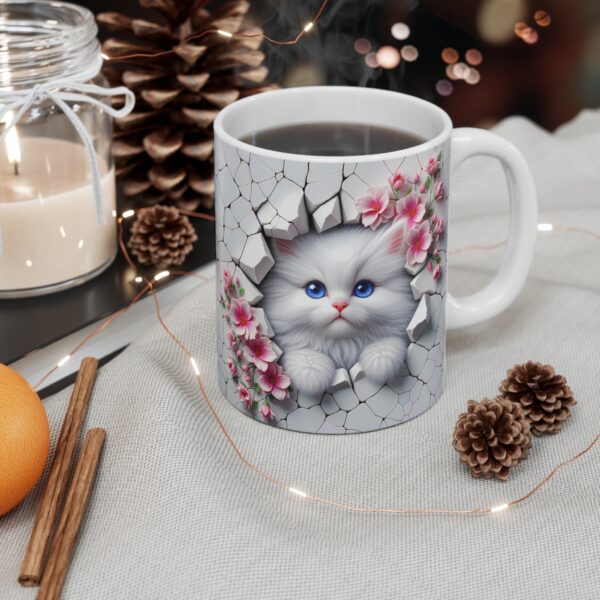 🌸🐱 Cherry Blossom Peek Mug | Fluffy White Kitty & Springtime Blooms 💕☕✨ - Image 2