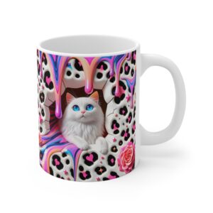 🐾✨ Whimsical Wonderland Cat Mug | Drippy Pastel Leopard Print & Blue-Eyed Beauty 🐱🌈💖