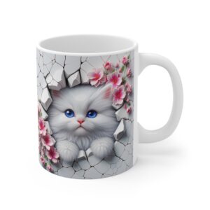 🌸🐱 Cherry Blossom Peek Mug | Fluffy White Kitty & Springtime Blooms 💕☕✨